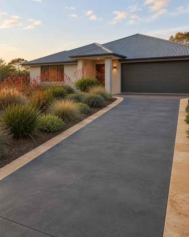 Illustrative image: charcoal coloured concrete driveway with a sandstone-tone border band at a single-storey rendered home