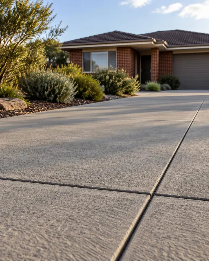Illustrative image: low-angle view along a plain grey broom-finished concrete driveway with saw-cut joints and a brick home in the background